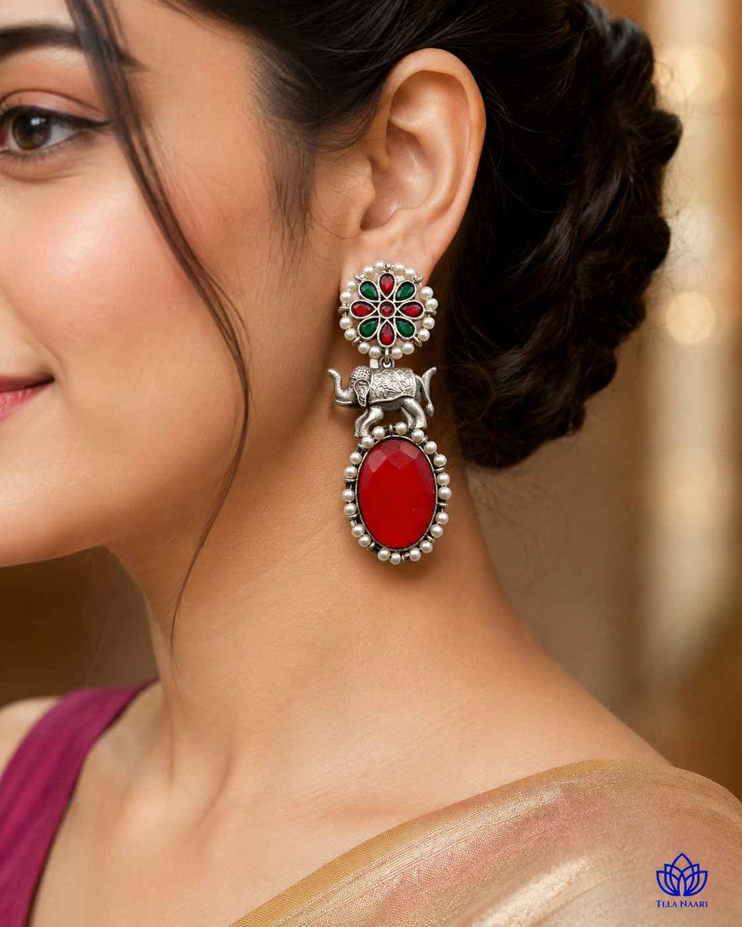 Aasna red elephant silver-plated earrings by Tela Naari – view 2