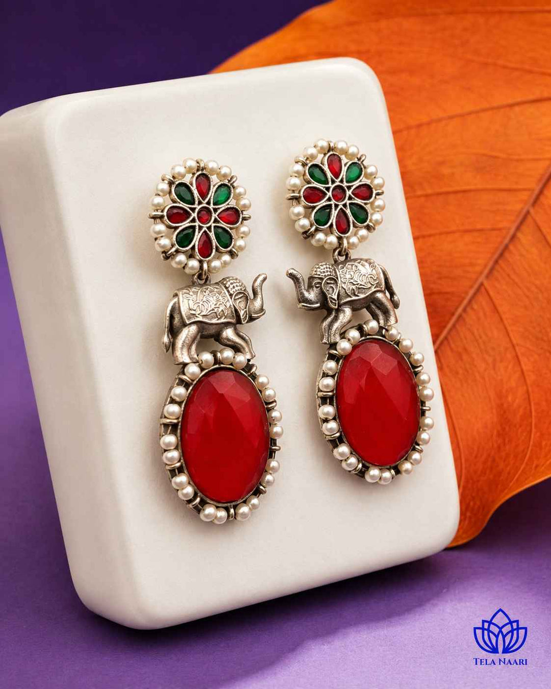 Aasna red elephant silver-plated earrings by Tela Naari – view 3