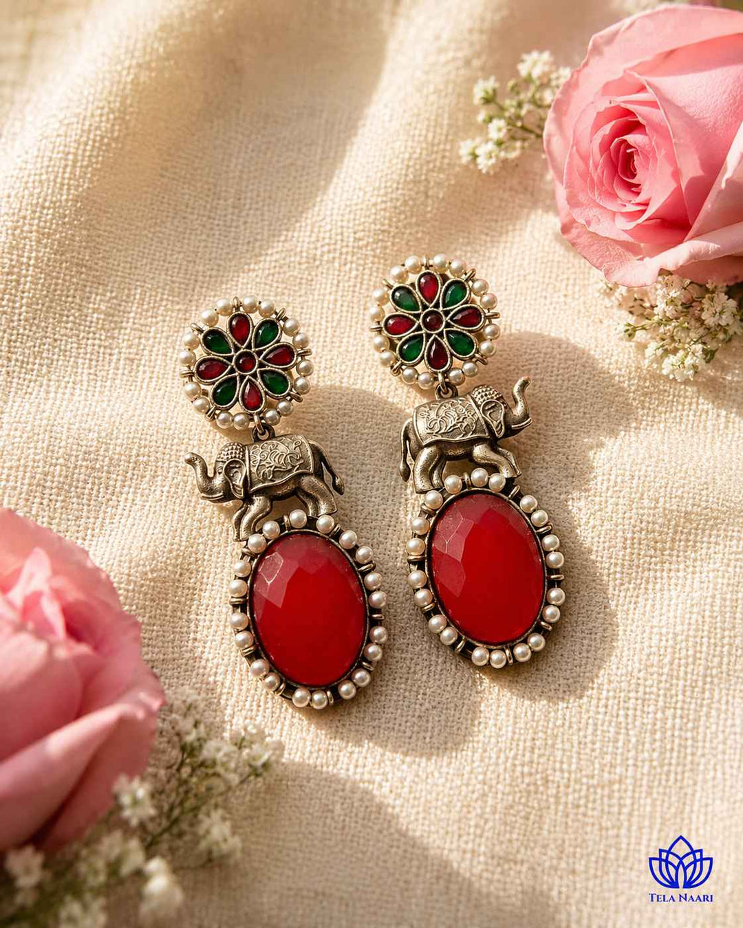 Aasna red elephant silver-plated earrings by Tela Naari – view 4