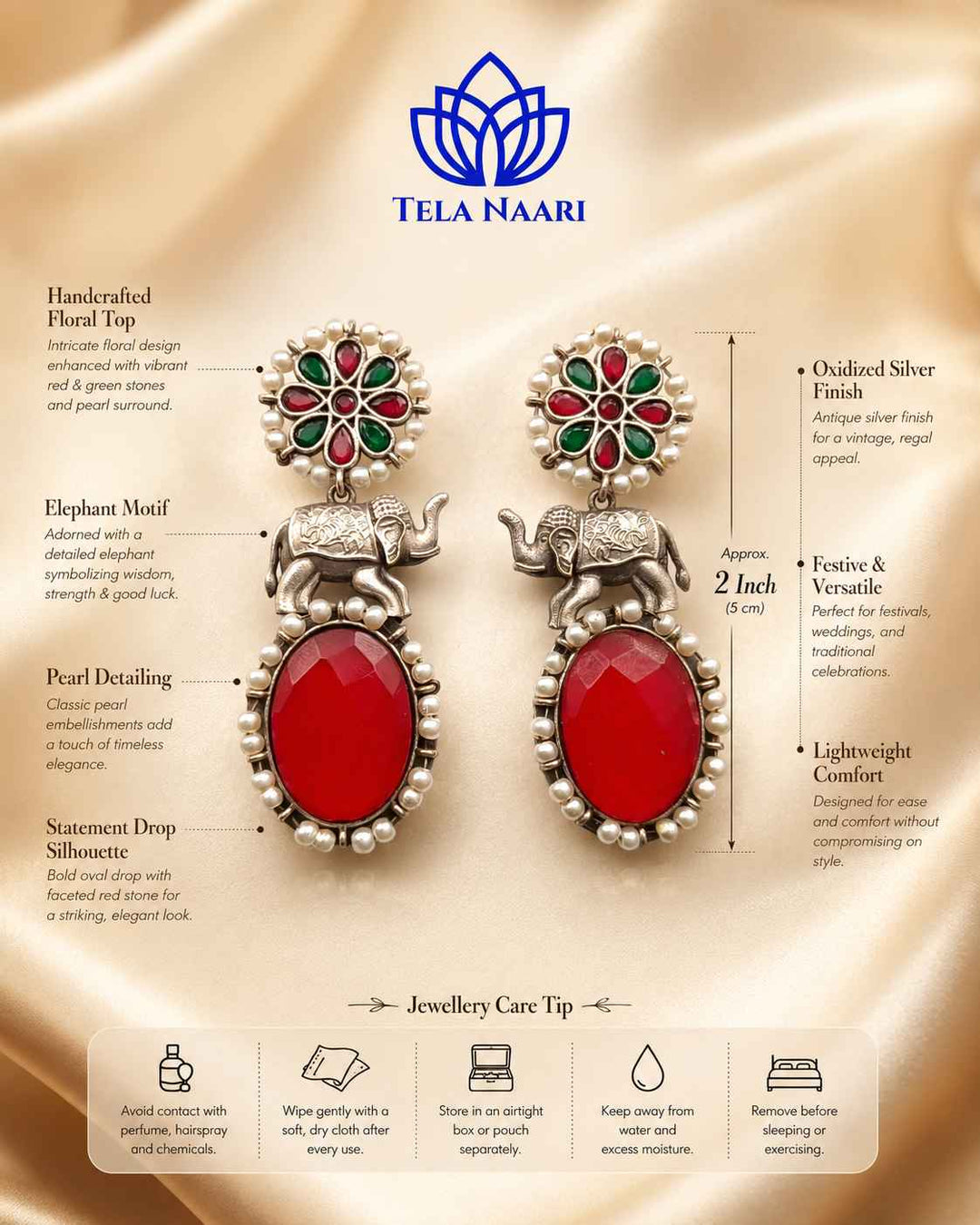 Aasna red elephant silver-plated earrings by Tela Naari – view 5