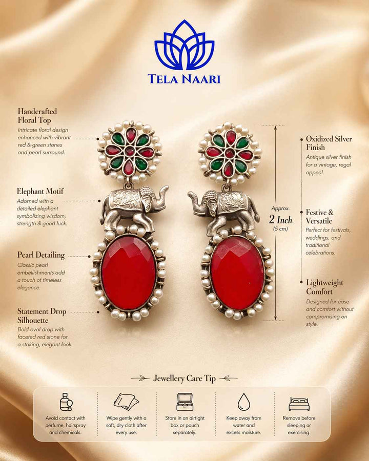 Aasna red elephant silver-plated earrings by Tela Naari – view 5