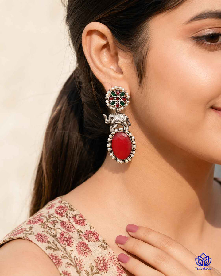 Aasna red elephant silver-plated earrings by Tela Naari – view 6