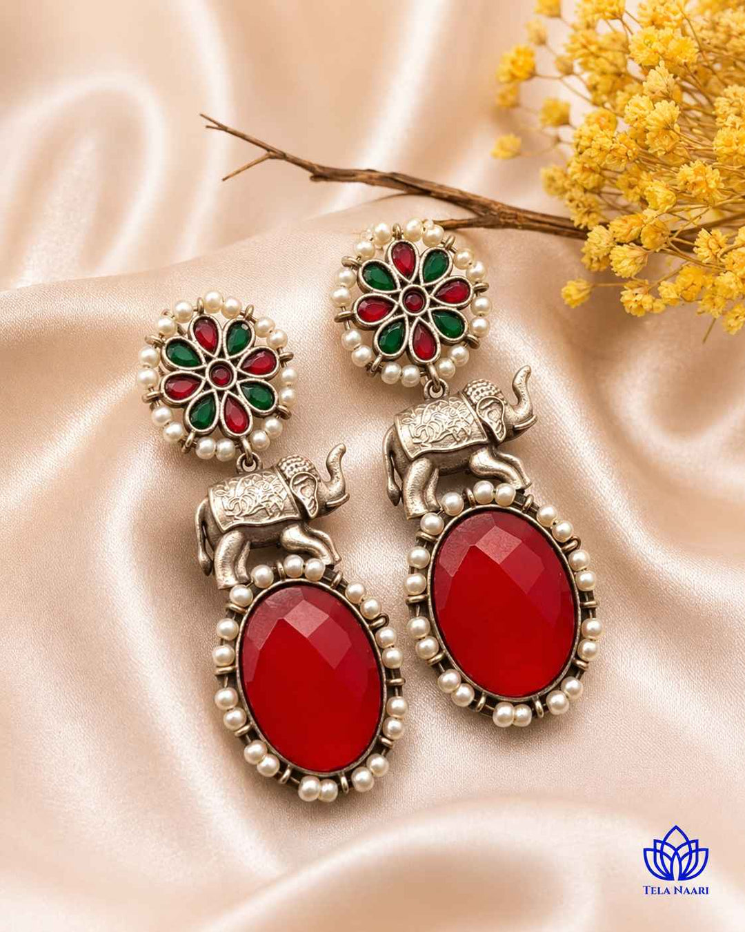 Aasna red elephant silver-plated earrings by Tela Naari – view 7