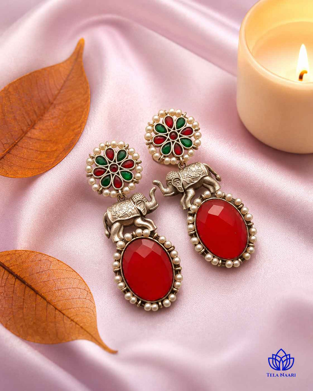 Aasna red elephant silver-plated earrings by Tela Naari – view 8