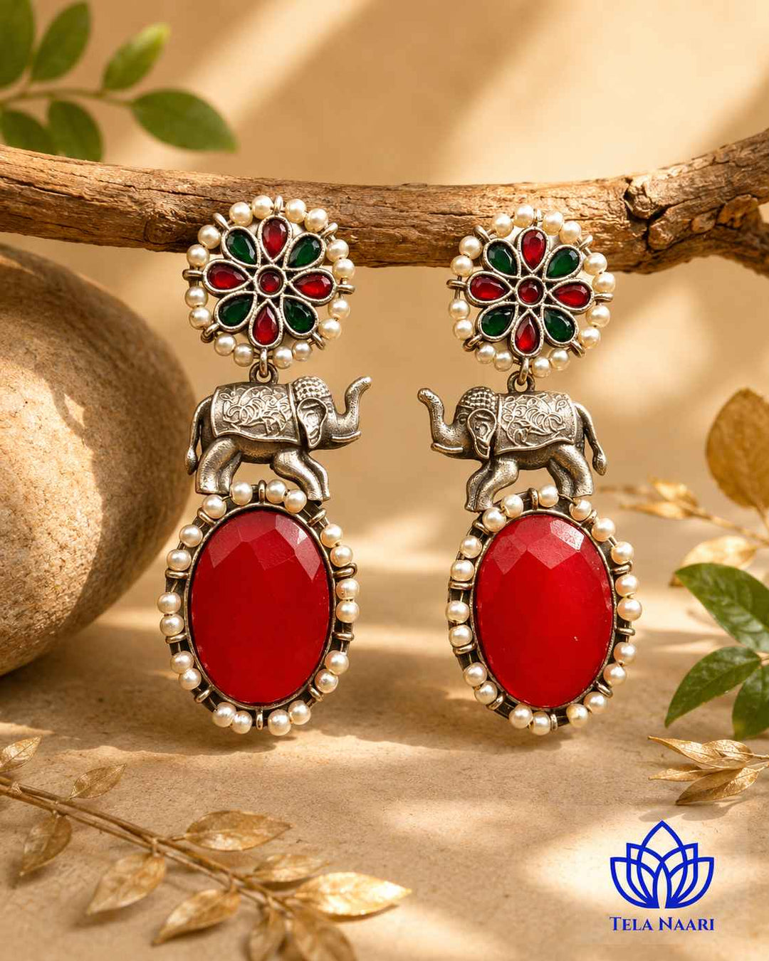 Aasna red elephant silver-plated earrings by Tela Naari – view 9