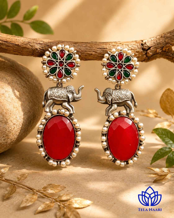 Aasna red elephant silver-plated earrings by Tela Naari – view 9