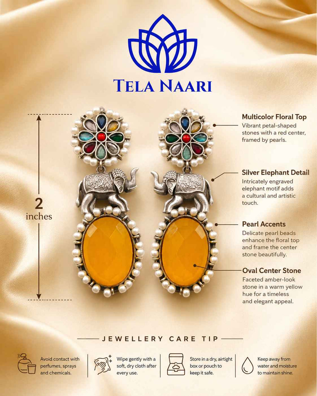 Yellow tone complements the silver-plated elephant motif throughout.