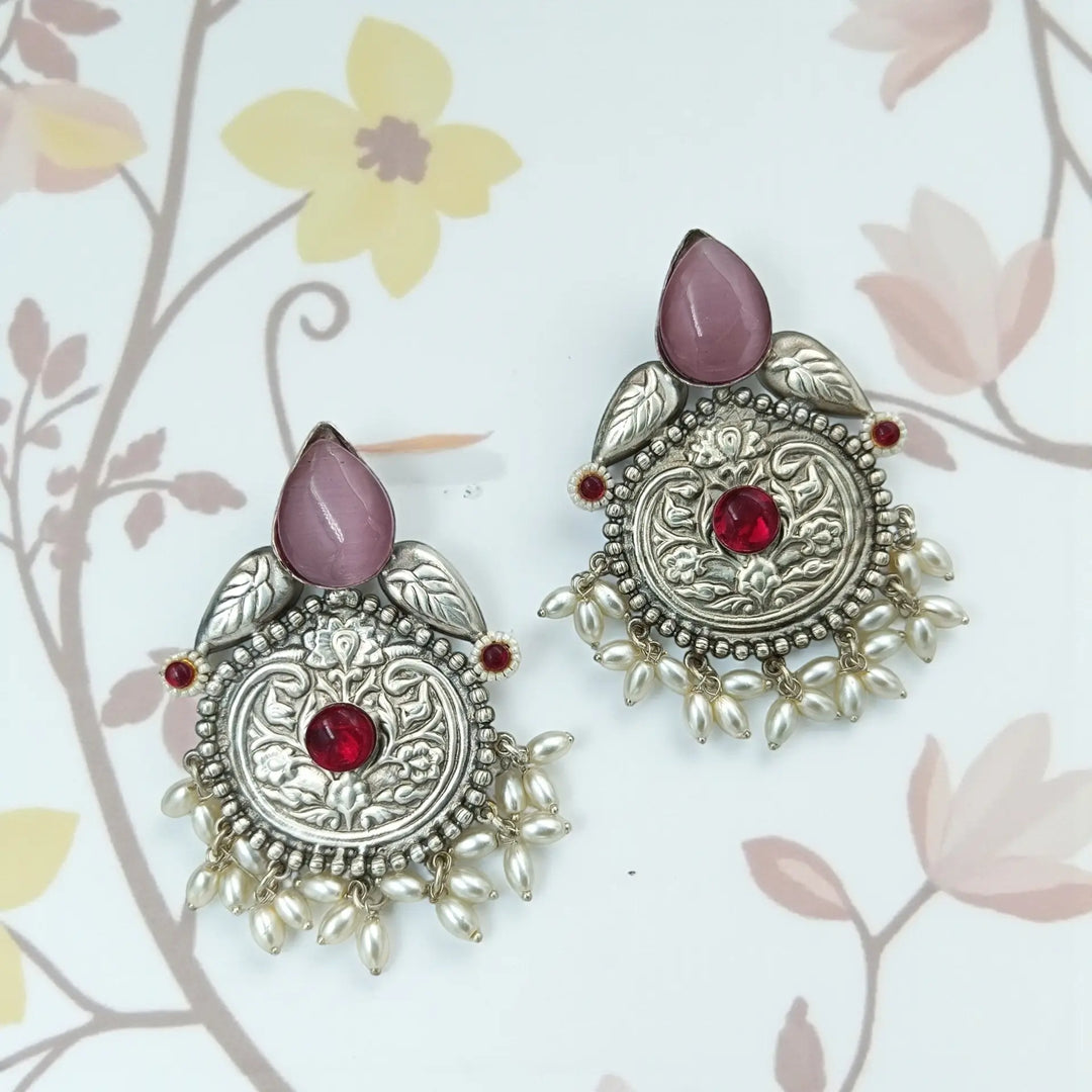 Aasvi silver plated pearl earrings in bright pink – festive handcrafted ethnic jewellery by Tela Naari
