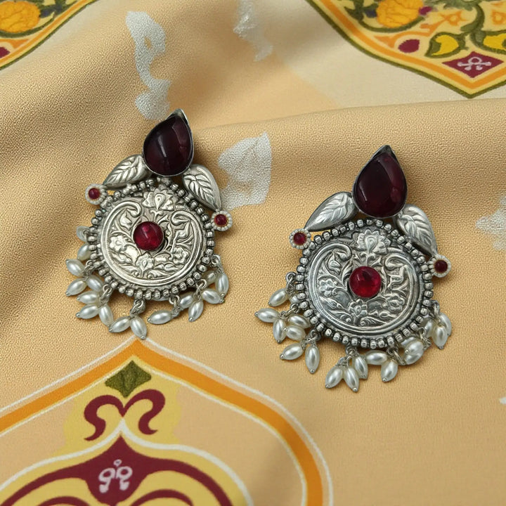 Aasvi silver plated pearl earrings in light green – elegant handcrafted ethnic jewellery by Tela Naari
