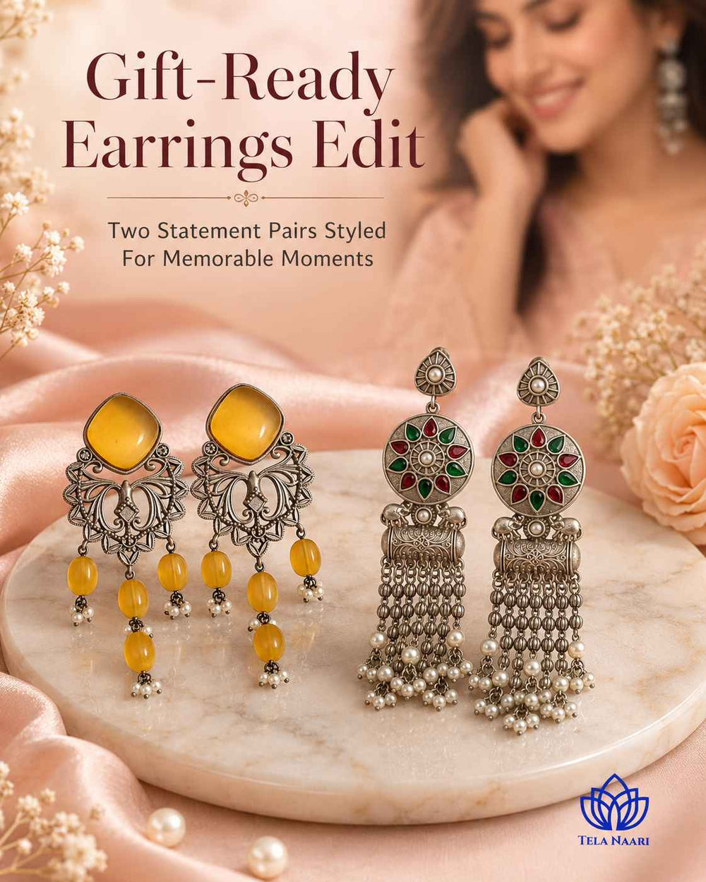 Alora Hamper's handcrafted earrings in silver-plated and oxidised finish, a Janmashtami gift for sister