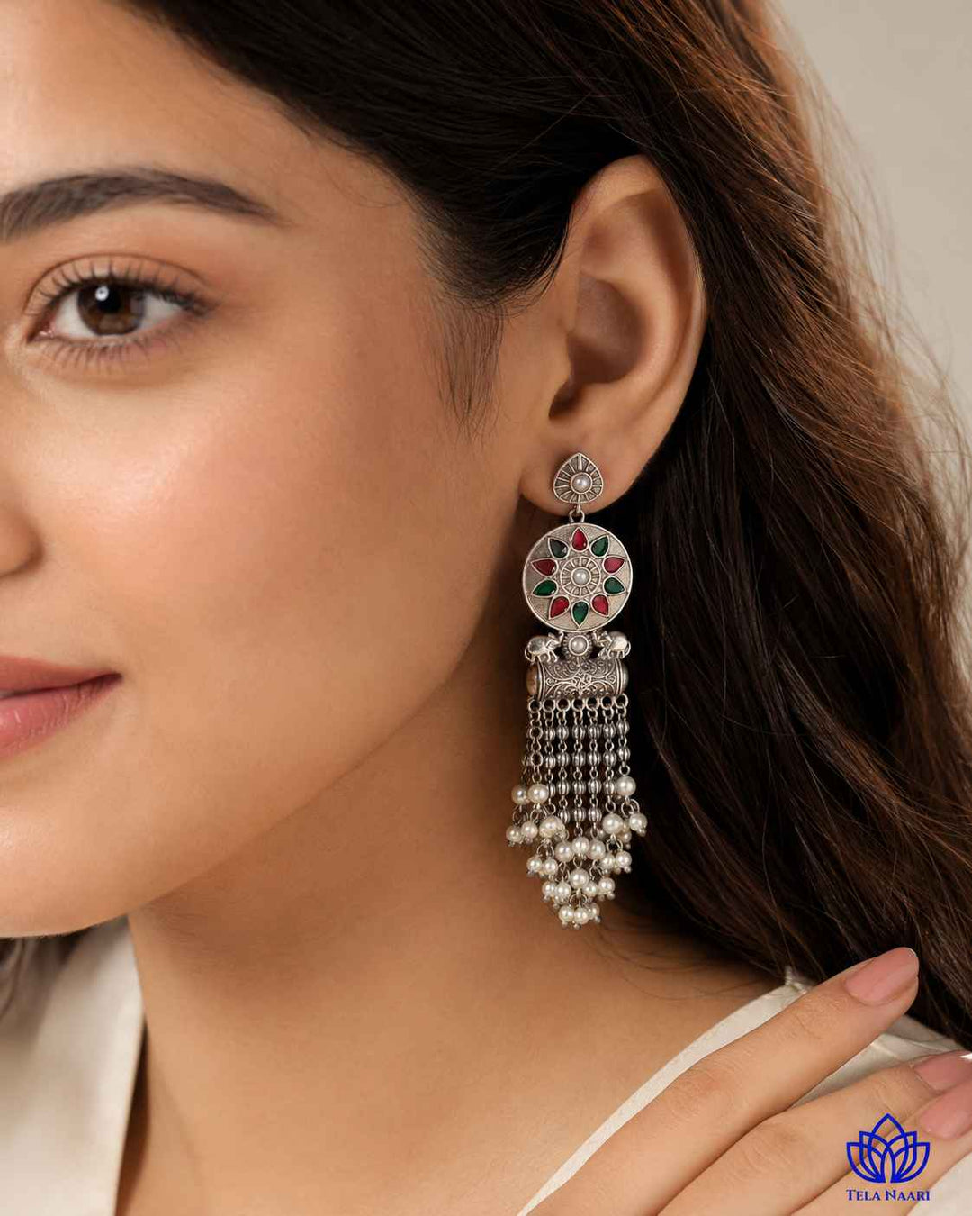 Amarti red green silver-plated teardrop earrings by Tela Naari – view 7
