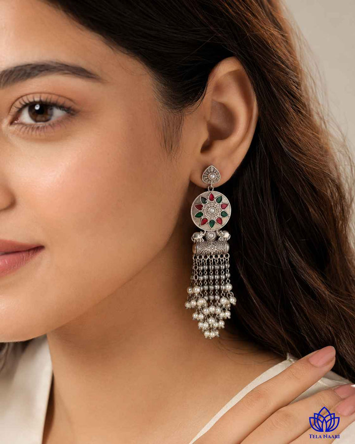 Amarti red green silver-plated teardrop earrings by Tela Naari – view 7