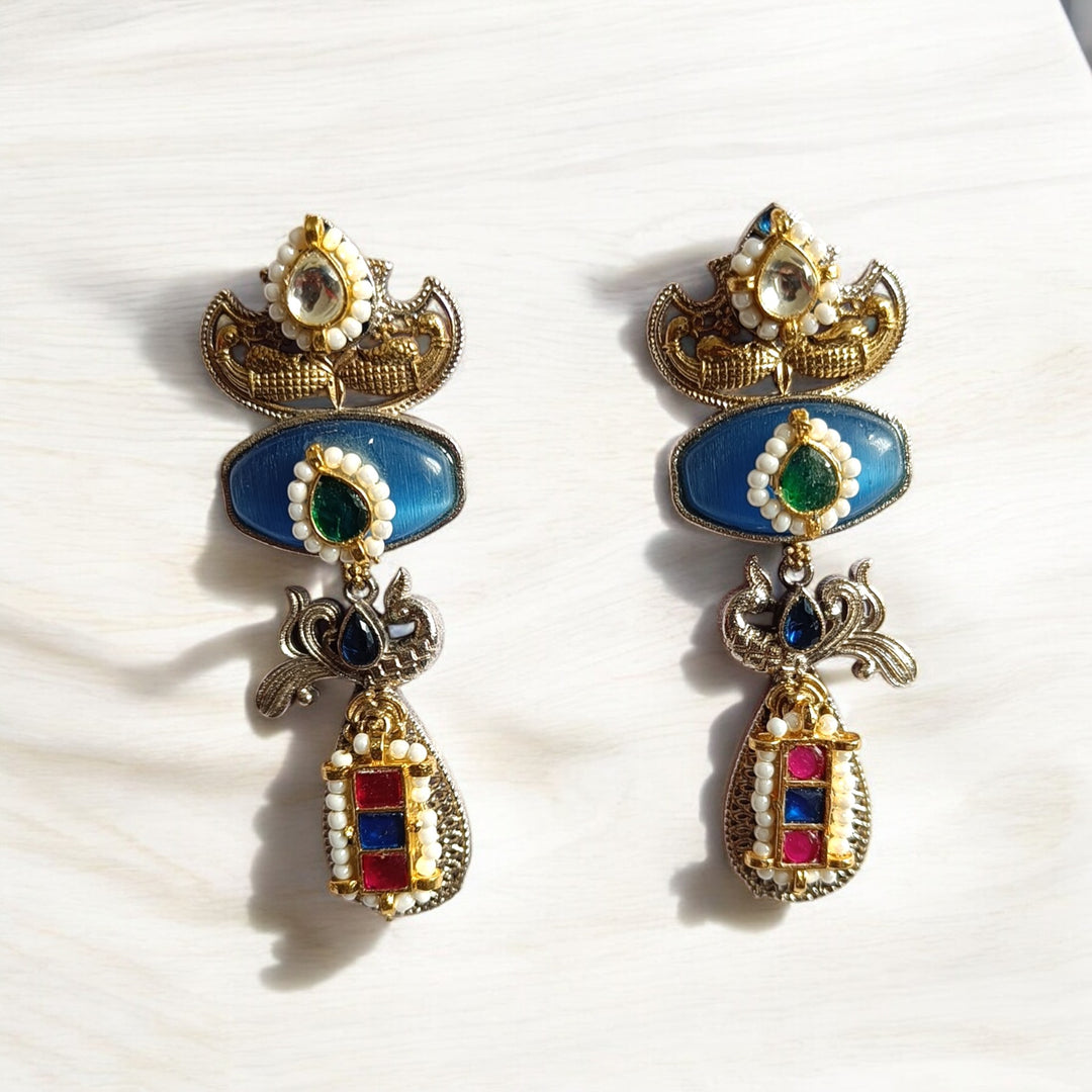 Angana dual tone Pachi Kundan silver plated earrings in light blue – sophisticated handcrafted ethnic jewellery by Tela Naari
