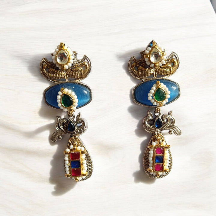 Angana dual tone Pachi Kundan silver plated earrings in light blue – sophisticated handcrafted ethnic jewellery by Tela Naari
