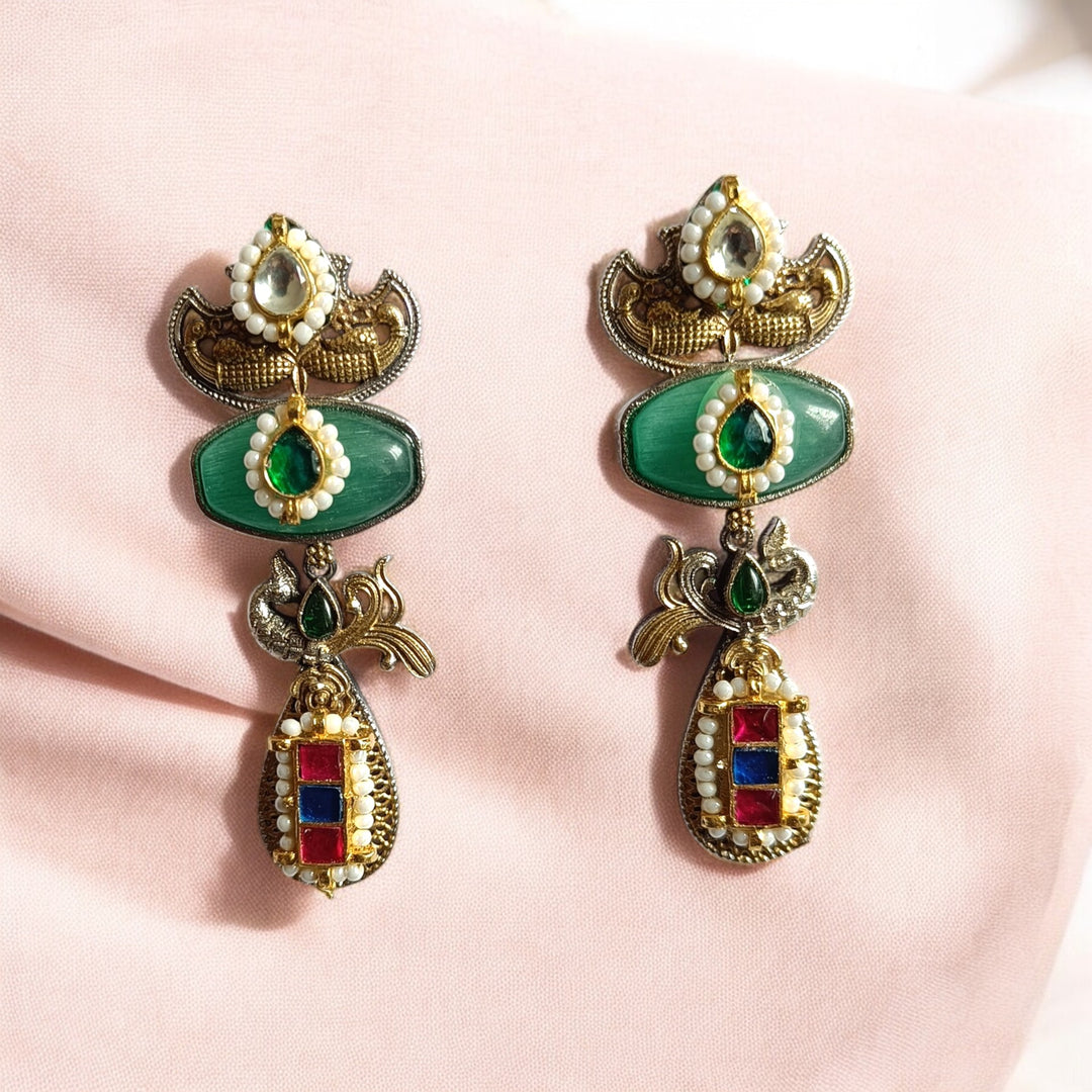 Angana dual tone Pachi Kundan silver plated earrings in sea green – artistic handcrafted ethnic jewellery by Tela Naari

