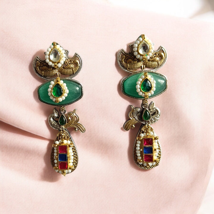 Angana dual tone Pachi Kundan silver plated earrings in sea green – artistic handcrafted ethnic jewellery by Tela Naari
