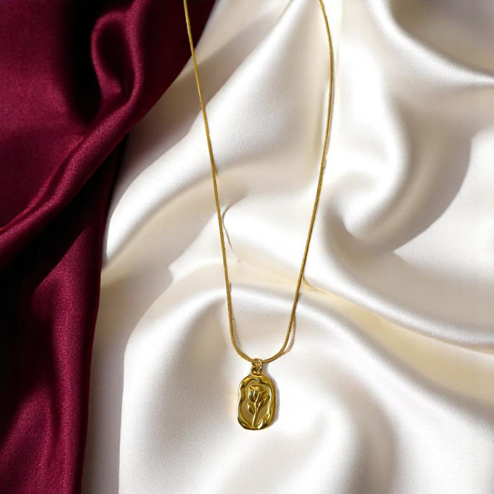 Anti-tarnish gold-plated tulip pendant necklace with snake chain, Tela Naari