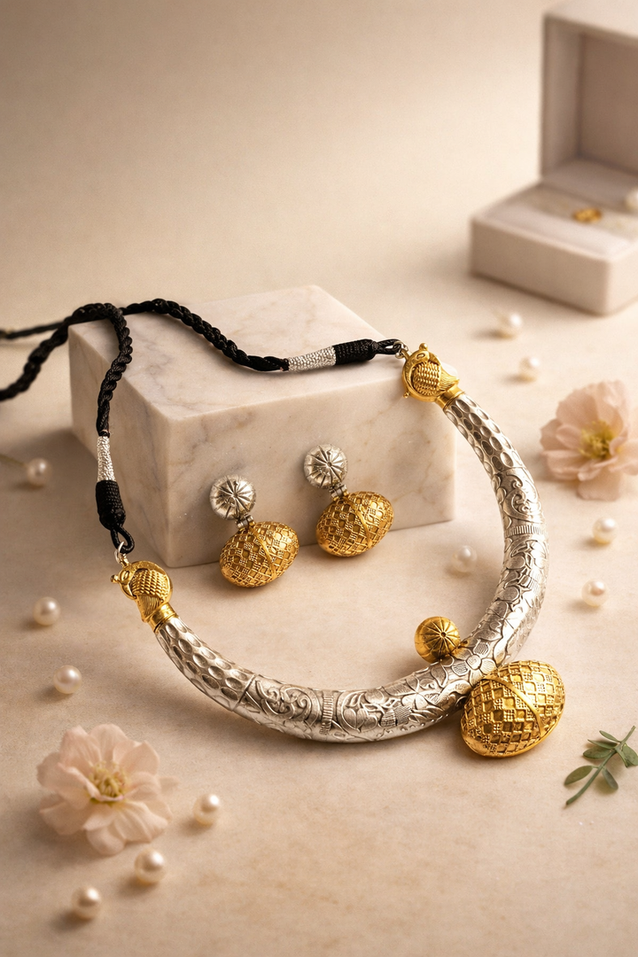 The matching earring set complements the necklace for a complete ethnic look.