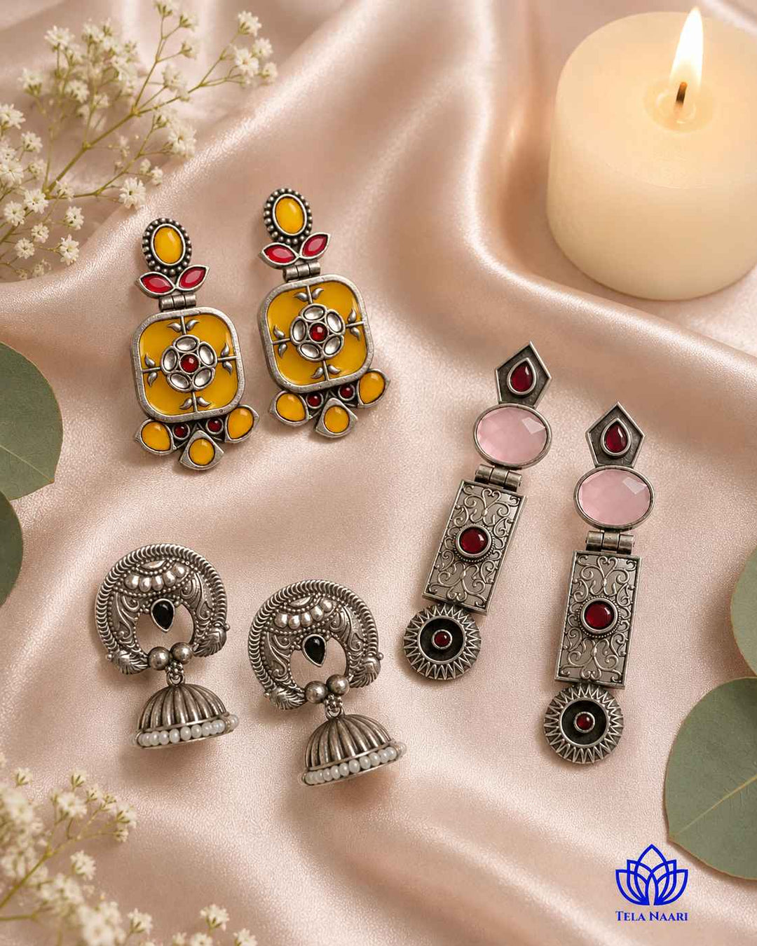 Arabella Hamper's handcrafted earrings in silver-plated and oxidised finish, a Ganesh Chaturthi gift for sister
