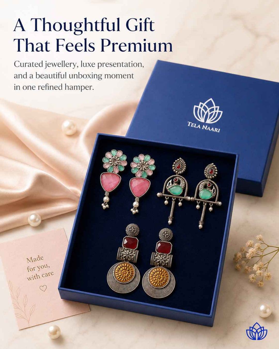 Arranged view: Diwali and wedding Bluma Hamper with 3 Pairs of Earrings and the Premium Box