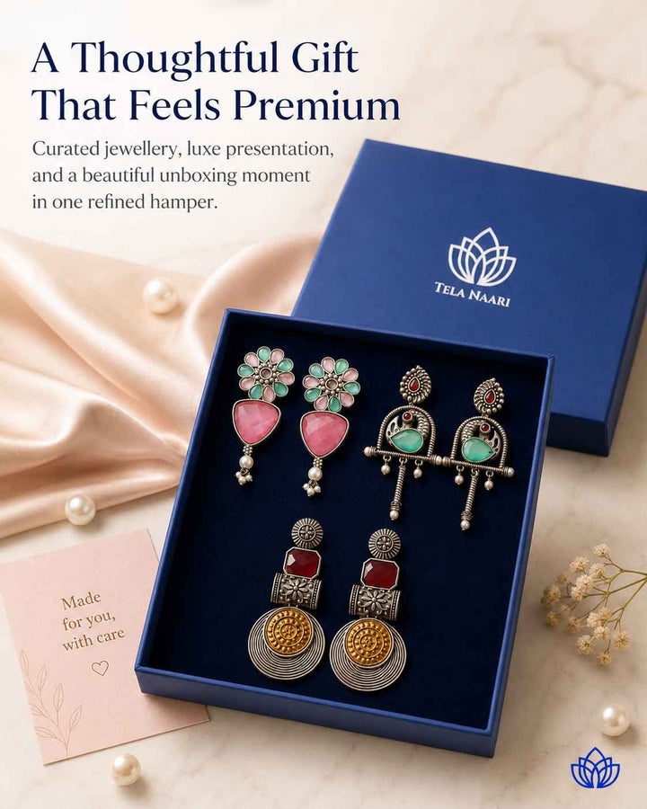 Arranged view: Diwali and wedding Bluma Hamper with 3 Pairs of Earrings and the Premium Box