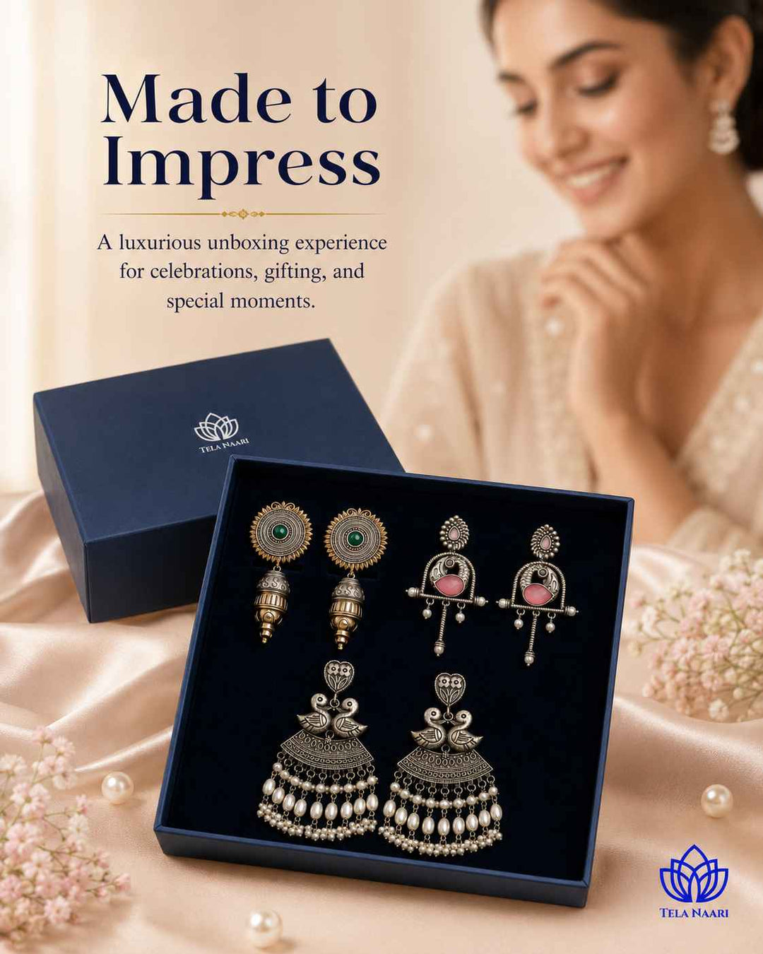 Arranged view: silver-plated oxidised Bella Hamper earrings, a festive gift for sister