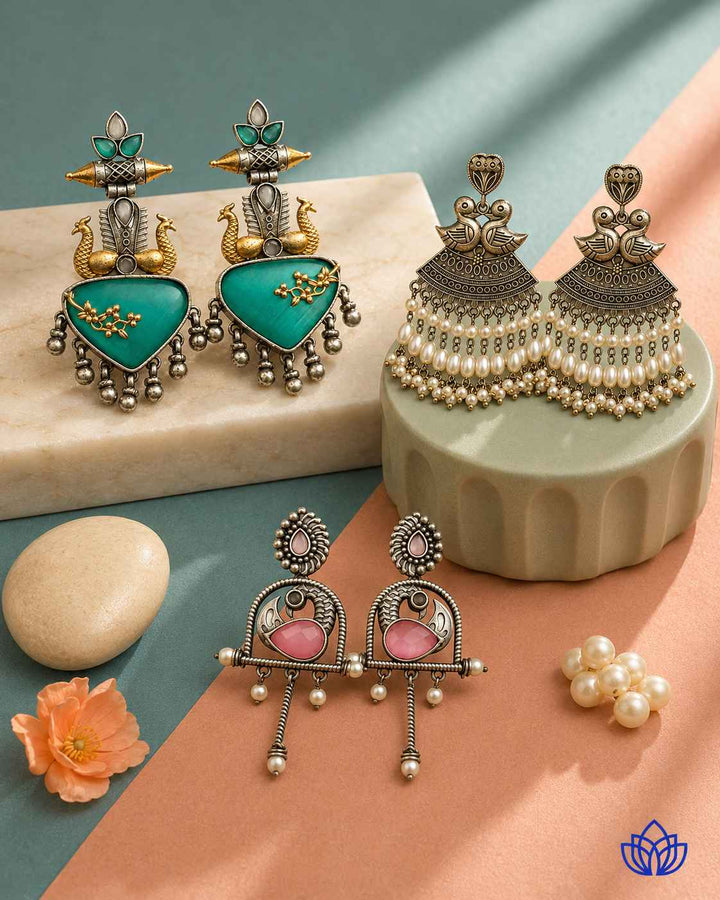 Arranged view: silver-plated 3 Pairs of Earrings from the wedding Lily Hamper, a gift for bhabhi