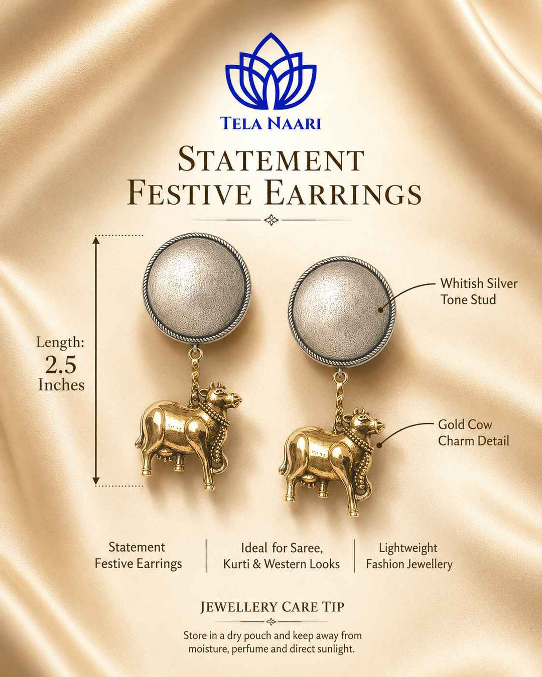 Quirky cow silhouette shapes the centrepiece of this earring.