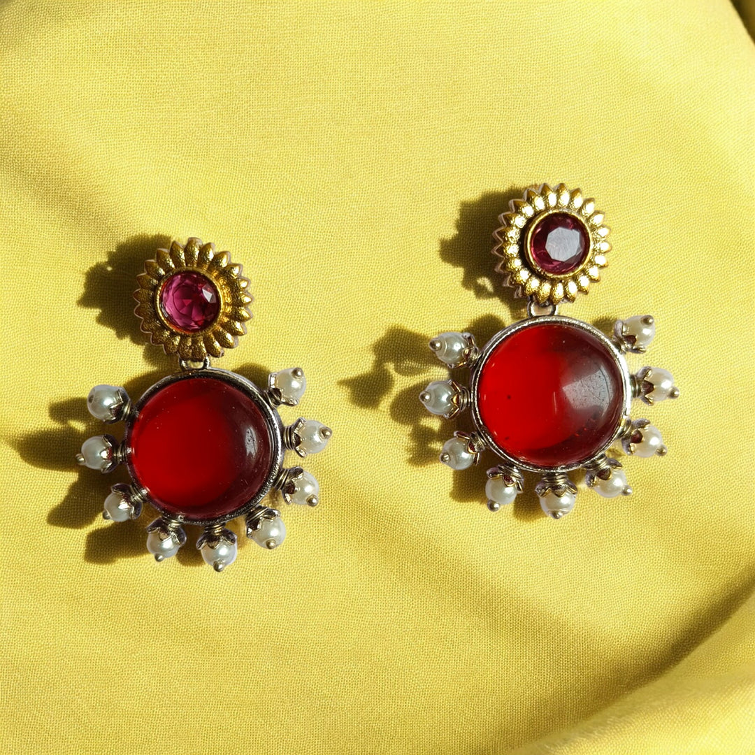 Avya dual tone silver plated earrings in red – festive handcrafted ethnic jewellery by Tela Naari
