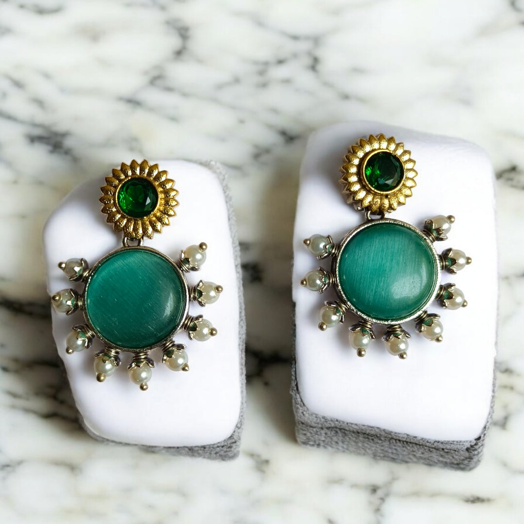 Avya dual tone silver plated earrings in sea green – handcrafted ethnic jewellery by Tela Naari
