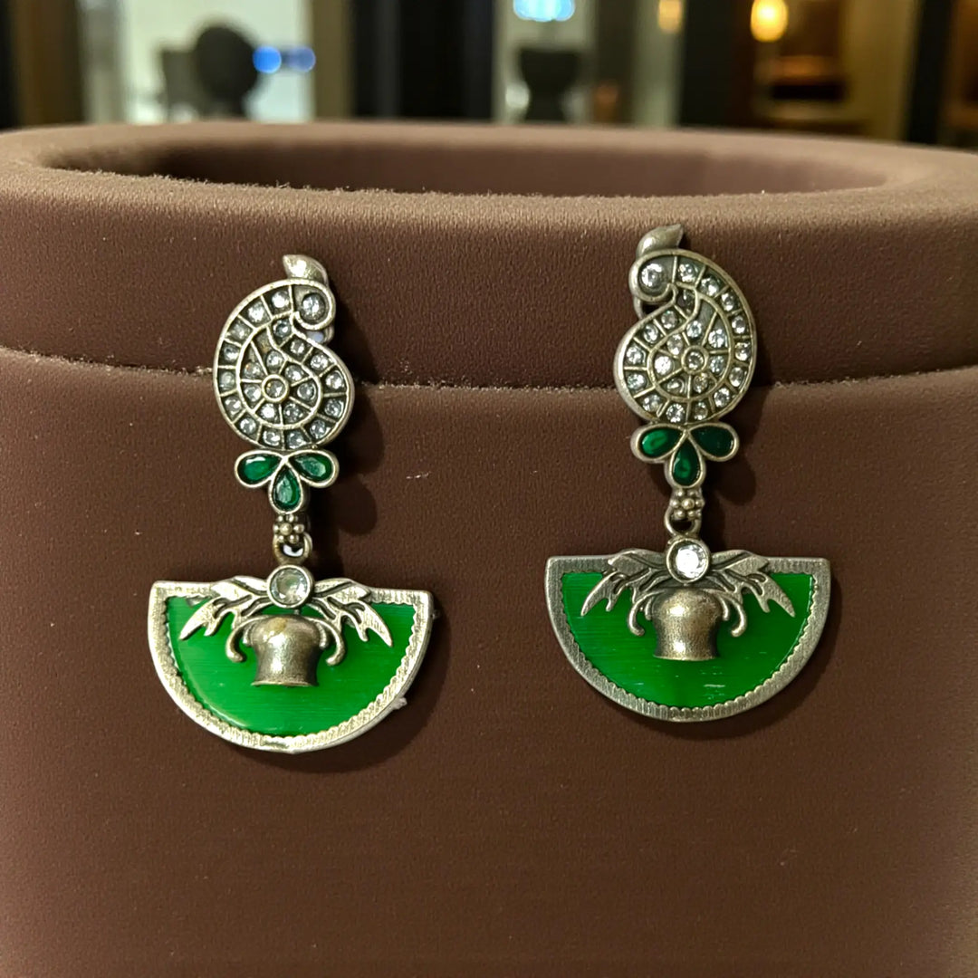 Ayana silver oxidised dangler earrings in green – handcrafted ethnic jewellery by Tela Naari

