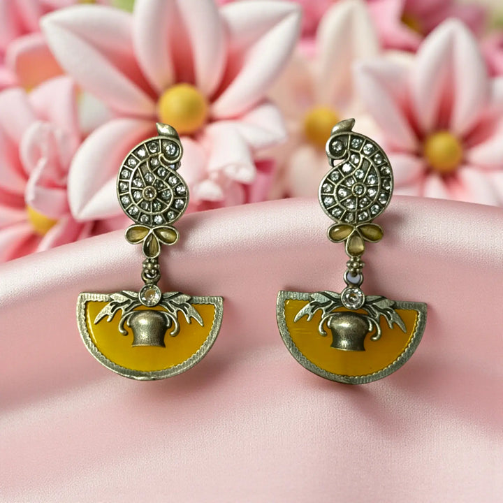Ayana silver oxidised dangler earrings in yellow – elegant handcrafted festive jewellery by Tela Naari
