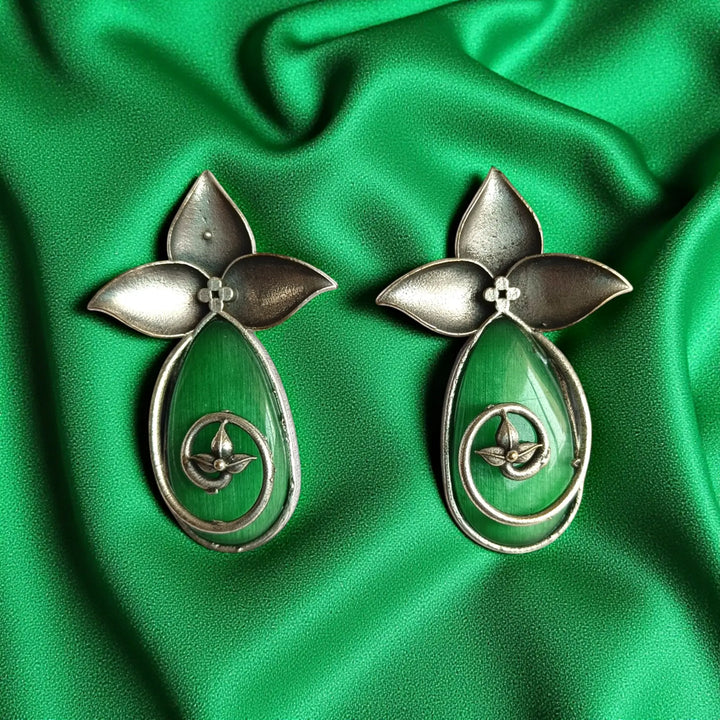 Ayoti silver oxidised earrings in light green – elegant handcrafted office and everyday wear jewellery by Tela Naari
