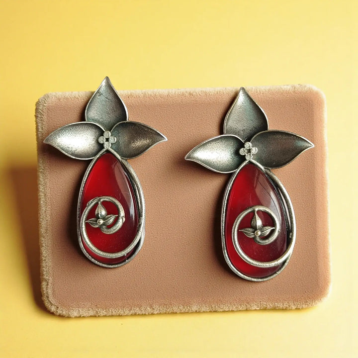 Ayoti silver oxidised earrings in red – handcrafted festive wedding jewellery by Tela Naari
