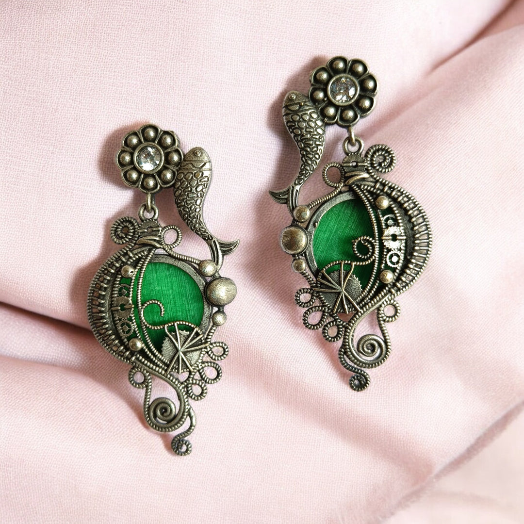 Ayushi silver oxidised earrings in green – elegant handcrafted ethnic jewellery by Tela Naari
