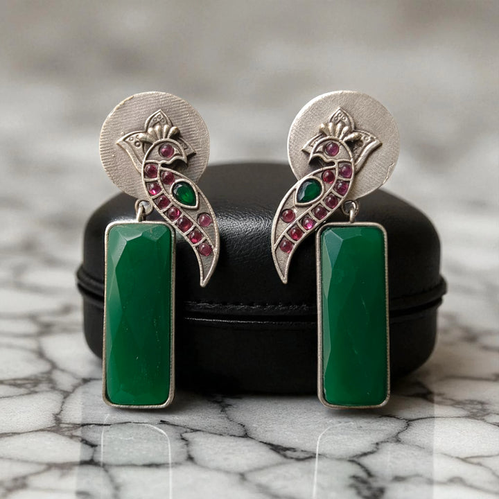 Begunia earrings in deep green silver plating – traditional handcrafted jewellery by Tela Naari
