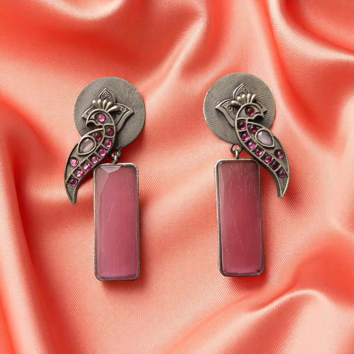 Pink Begunia silver plated earrings – festive handcrafted ethnic jewellery by Tela Naari
