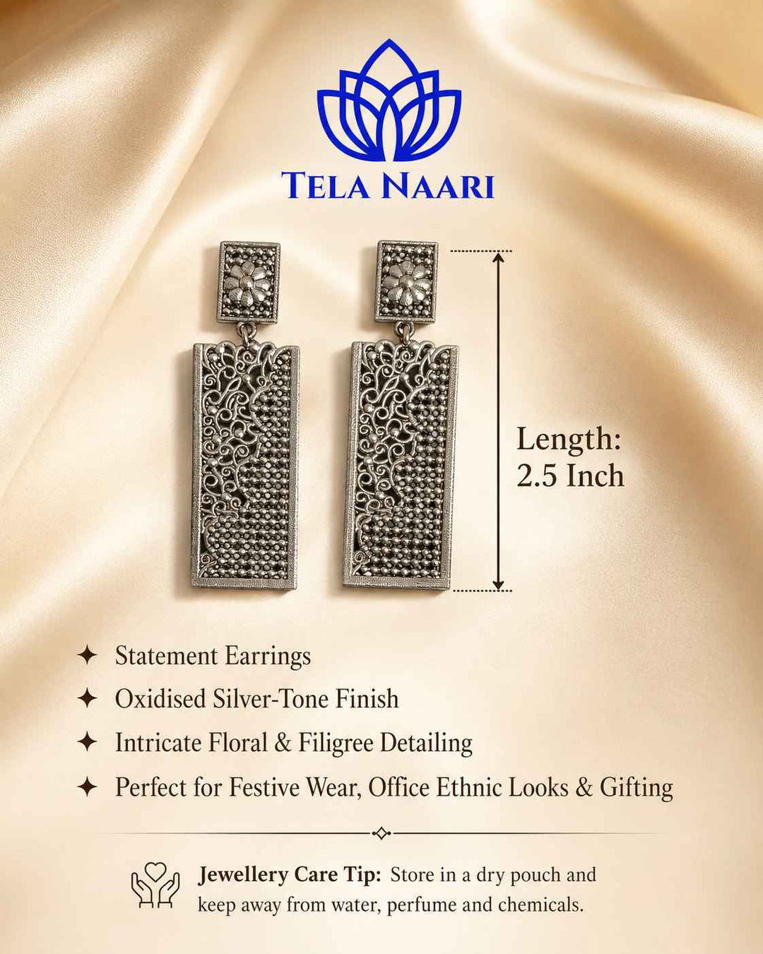 Brass base gives this silver-plated dangler earring its lightweight structure.