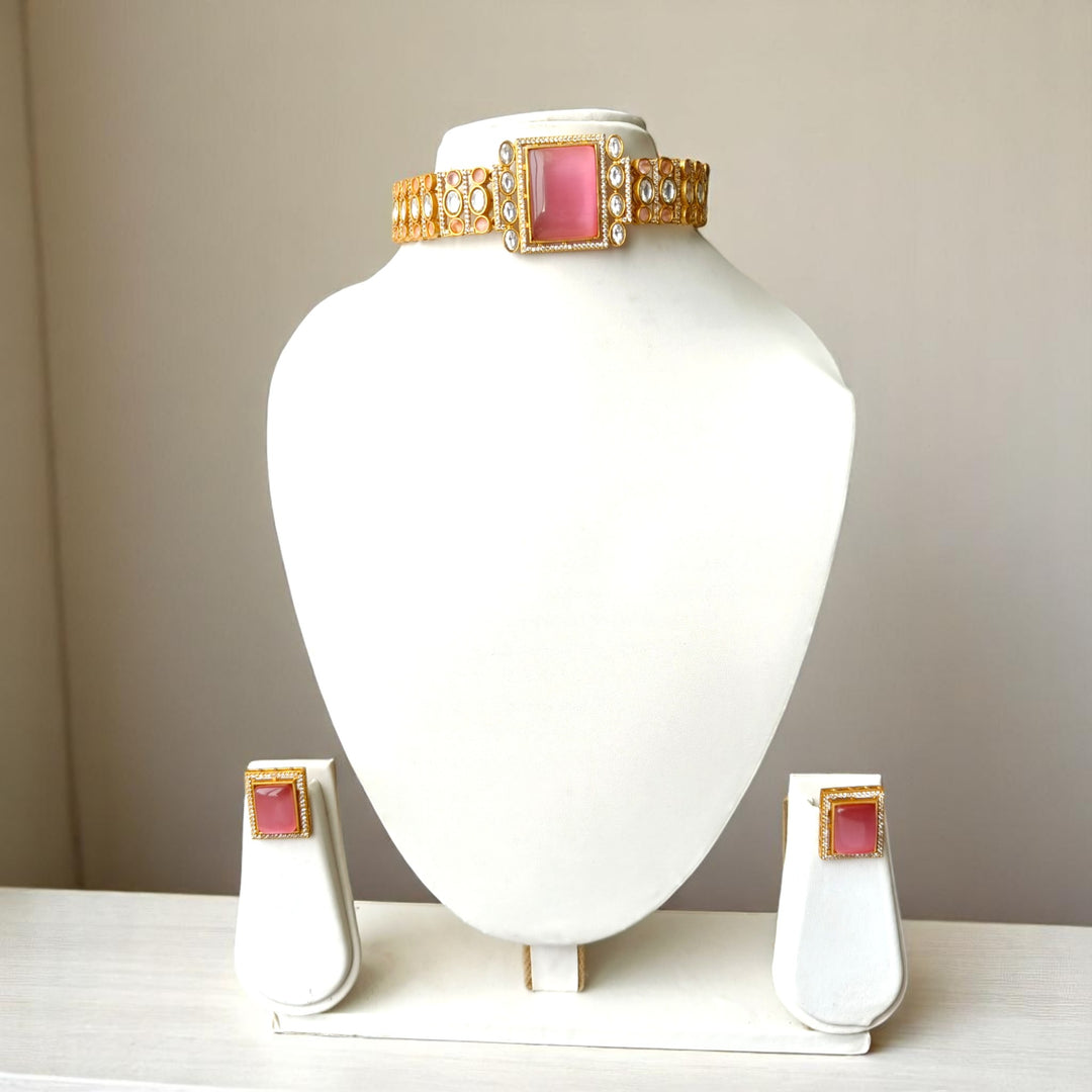 Blush pink stone sits at the centre of this gold-plated choker.