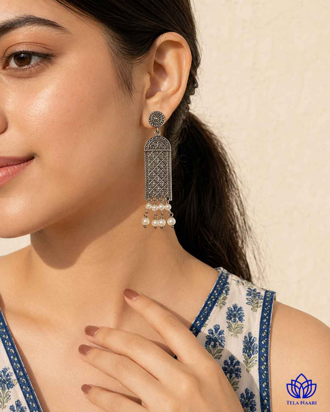 Canna silver-plated antique earrings by Tela Naari – view 10