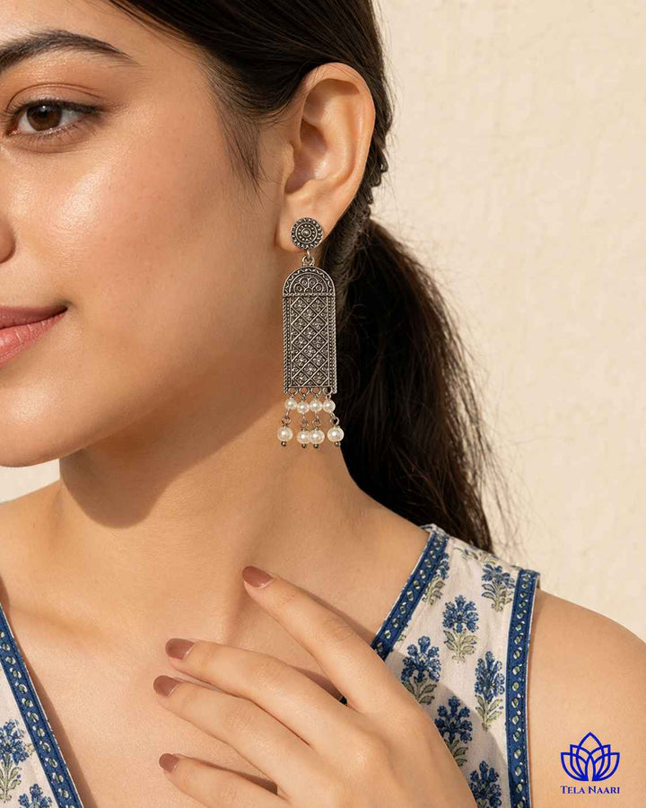 Canna silver-plated antique earrings by Tela Naari – view 10