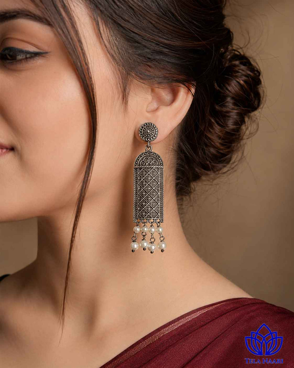 Canna silver-plated antique earrings by Tela Naari – view 2