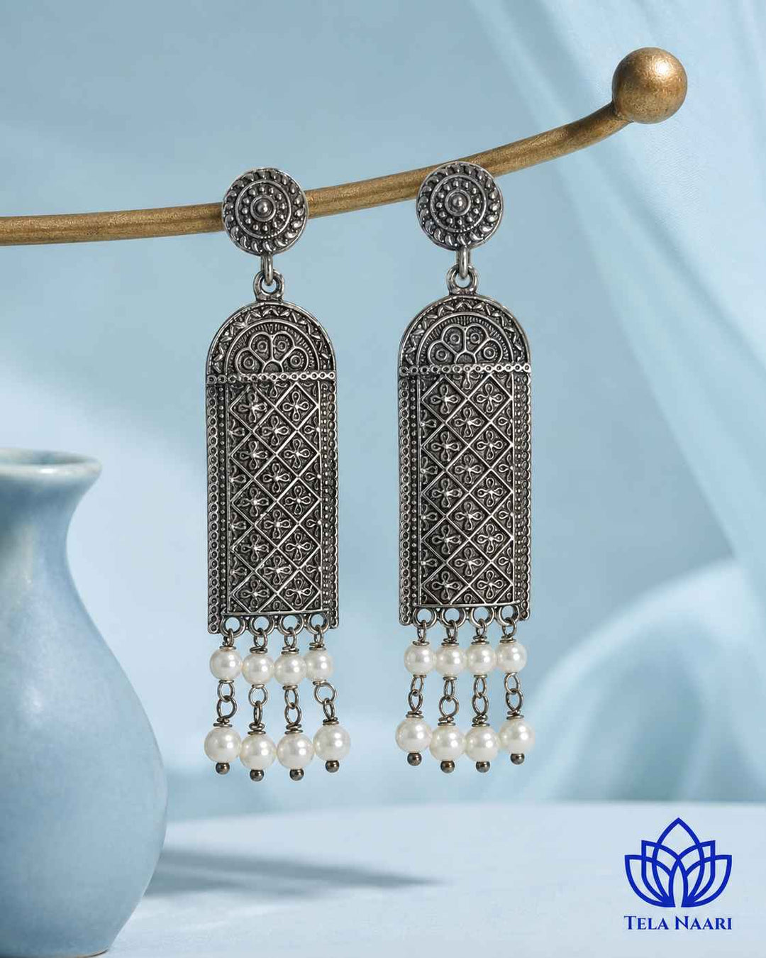 Canna silver-plated antique earrings by Tela Naari – view 3