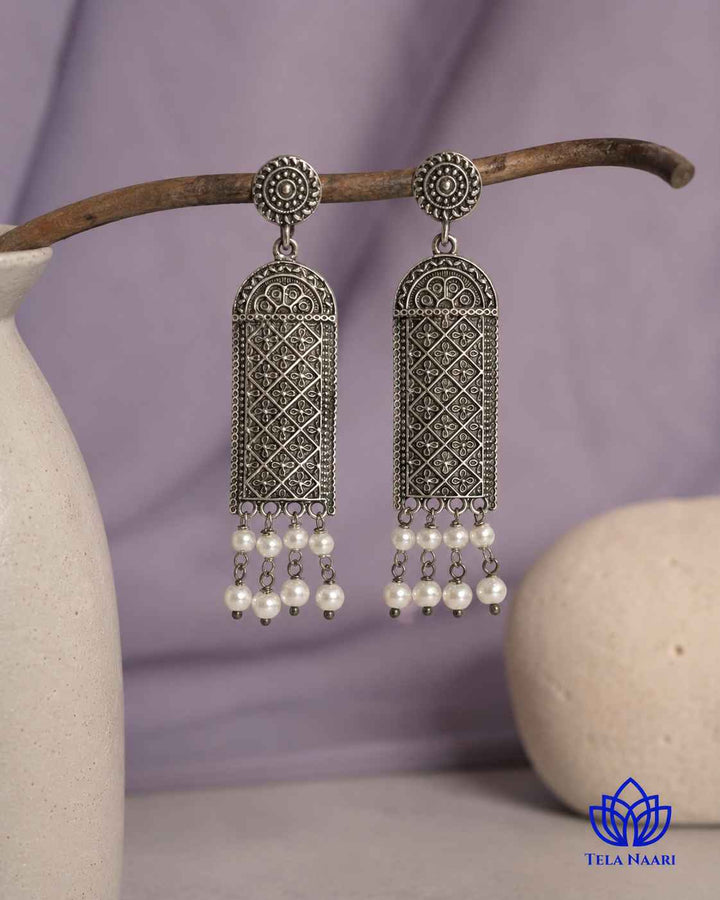 Canna silver-plated antique earrings by Tela Naari – view 4