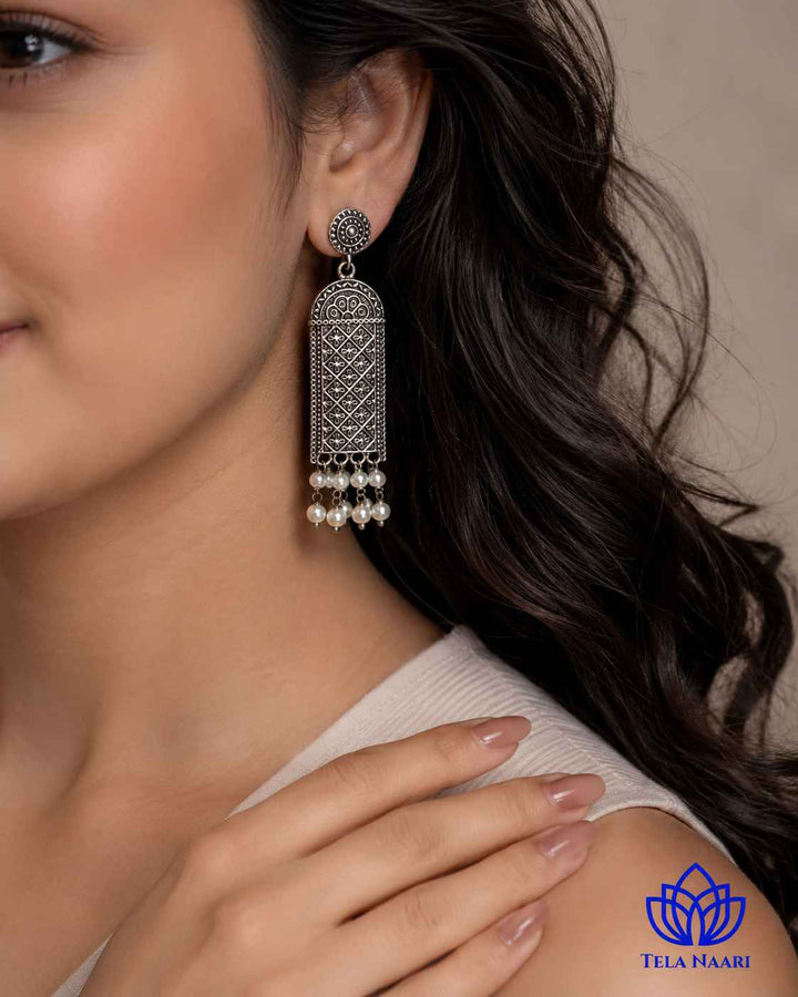 Canna silver-plated antique earrings by Tela Naari – view 6