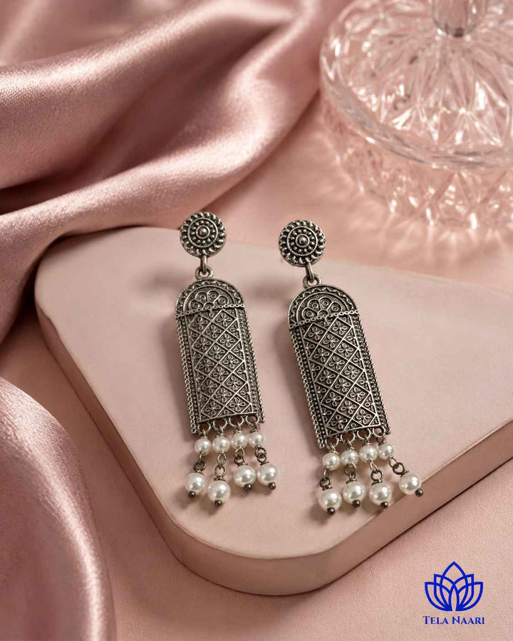 Canna silver-plated antique earrings by Tela Naari – view 7