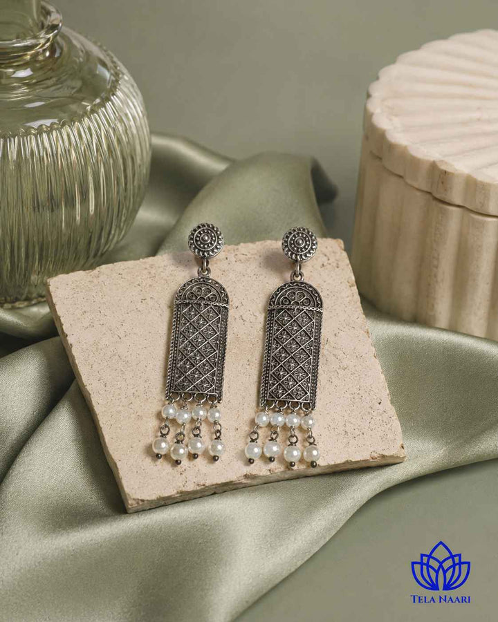 Canna silver-plated antique earrings by Tela Naari – view 8