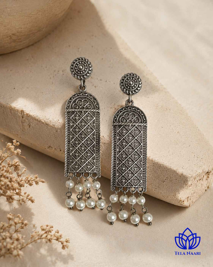 Canna silver-plated antique earrings by Tela Naari – view 9
