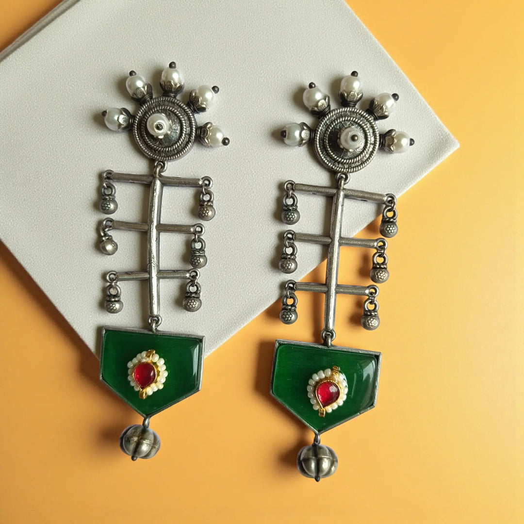 Ayushka oxidised silver earrings in light green — perfect for daytime puja, brunch outfits, and elegant everyday ethnic styling.
