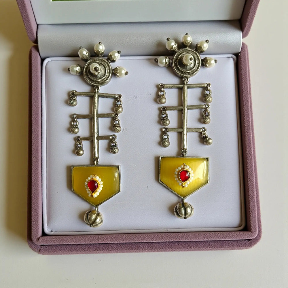 Ayushka oxidised silver earrings in yellow — designed for haldi functions, summer festive wear, and cheerful daytime celebrations.
